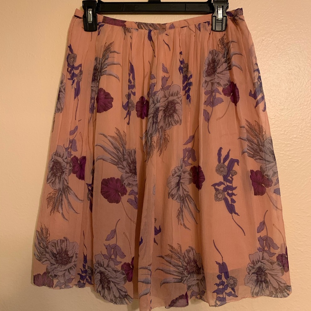 Floral Print Peach Midi Skirt - Women's Pleated A-Line